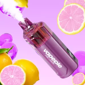 Vapepie Crystal Pop 15000 Puffs Pink Lemon - Purple Pink-flavored Water Flosser Labeled 'pink Lemon' Diagonally Against a Pink Background with Lemons and Slices Nearby. - Iget Vapes Shop Oz