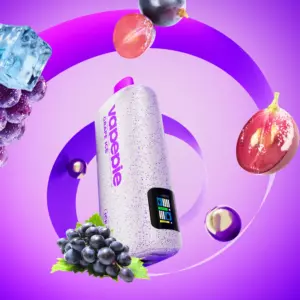 Vapepie Powergo 9800 Puffs Grape Ice - Speckled White Shaker Bottle Surrounded by Grapes, Ice, and Sliced Fruit on a Purple Gradient Background. - Iget Vapes Shop Oz