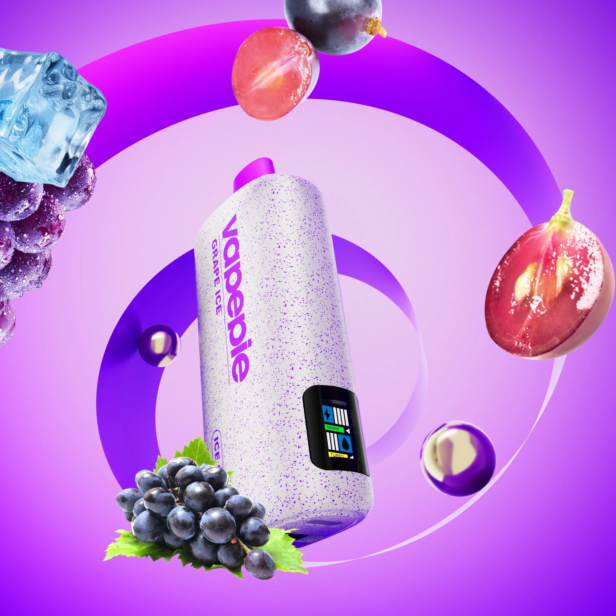Vapepie Powergo 9800 Puffs Grape Ice Iget Vapes Shop Oz Aa627b96a141704fbbe9236c0a186e7aec66c046webp Iget Vapes Shop Oz Vapepie Powergo 9800 Puffs Grape Ice - Speckled White Shaker Bottle Surrounded by Grapes, Ice, and Sliced Fruit on a Purple Gradient Background. - Iget Vapes Shop Oz