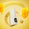 Vapepie Powergo 9800 Puffs Grape Ice Iget Vapes Shop Oz Bc44c24b4a6a3b3d9a2318f4df13f2f501f232e2webp Iget Vapes Shop Oz Vapepie Powergo 9800 Puffs Grape Ice - Close-up of a White Speckled Mango-flavored Beverage Bottle, Flanked by Chopped Mango Pieces on a Yellow Background. - Iget Vapes Shop Oz