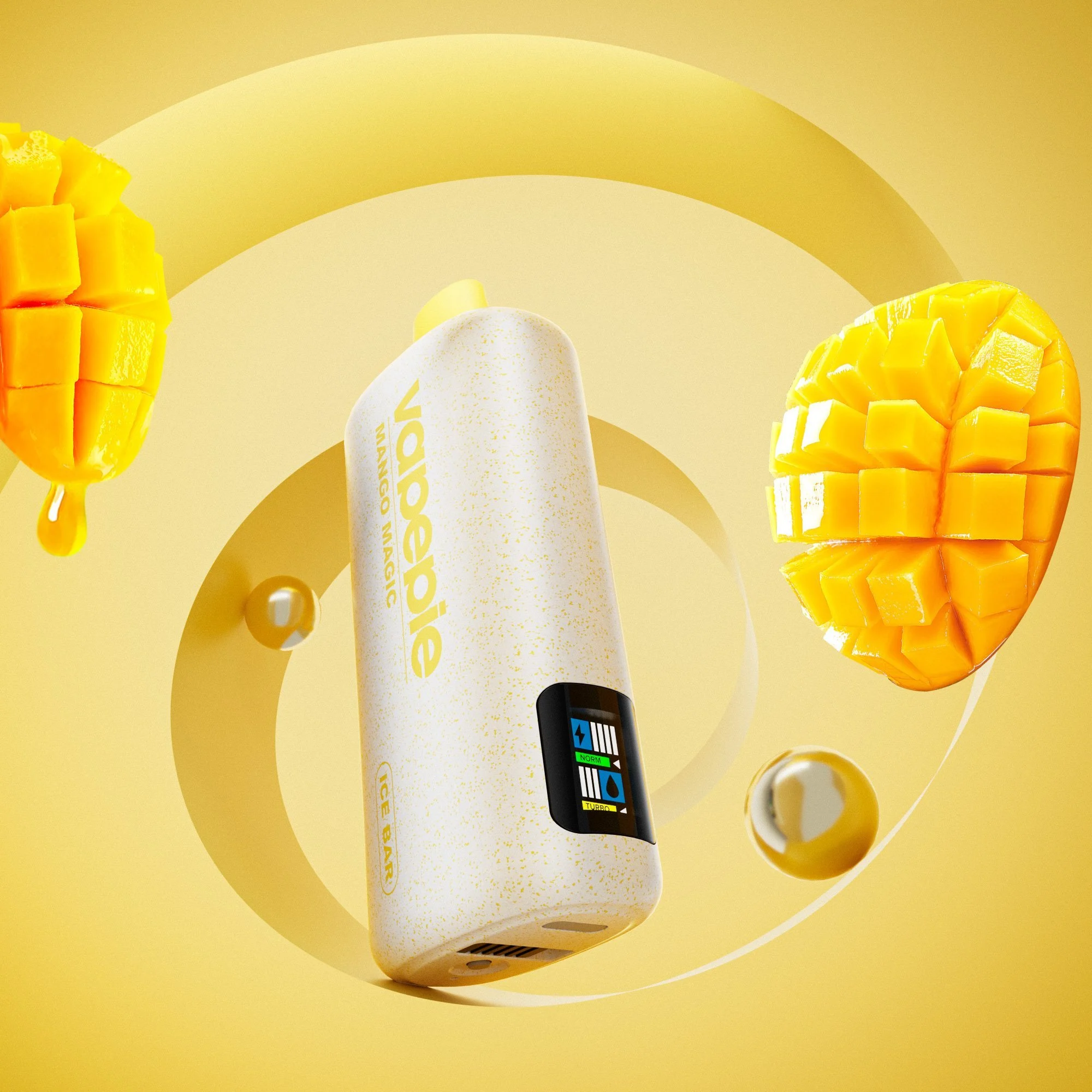 Vapepie Powergo 9800 Mango Magic Iget Vapes Shop Oz Bc44c24b4a6a3b3d9a2318f4df13f2f501f232e2webp Iget Vapes Shop Oz Vapepie Powergo 9800 Mango Magic - Close-up of a White Speckled Mango-flavored Beverage Bottle, Flanked by Chopped Mango Pieces on a Yellow Background. - Iget Vapes Shop Oz