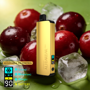 Gold vape device with adjustable ice-control, set among ice cubes and red cherries; highlights the product feature.
