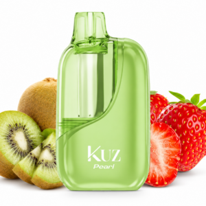 Kuz Pearl 30000 Strawberry Kiwi Blast - Green Kuz Pearl Bottle with Kiwis and Strawberries in the Background, Highlighting a Fruity Beverage Product - Iget Vapes Shop Oz