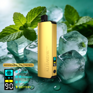 Gold vape device standing among ice cubes with mint leaves; text reads Adjustable Ice Control on the image.