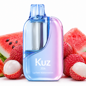 Kuz Pearl 30000 Lychee Watermelon - Bottle of Kuz 30k Lychee Watermelon E-liquid with Blue-pink Gradient, Surrounded by Watermelon and Lychee Fruit Pieces - Iget Vapes Shop Oz