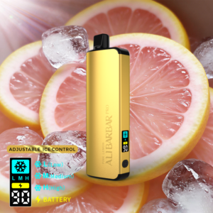 Gold vape device standing upright with ice and grapefruit slices in the background, highlighting adjustable ice control and battery indicator (informational image).