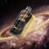 Black and gold vape mod floating in space with a glowing ring behind it, evoking a futuristic, otherworldly design image.