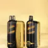 Two black-and-gold vape pod bottles standing upright on a pale gold background, labeled with a watermelon ice flavor and brand graphics.