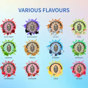 Alibarbar Nicotine Pouches - Grid of Colorful Flavor Logos with Fruit Splash Accents and Labels for Each Flavor (ice Berries, Black Cherry, Blackcurrant, Ice Cola, Apple, Peach, Cool Mint, Spearmint, Tobacco, Blueberry, Peppermint, Menthol, Watermelon, Wintergreen, Strawberry, Citrus, Red Ruby, Tropical). - Iget Vapes Shop Oz