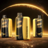 Three gold and black vape devices stand on a glowing, sci‑fi style surface with a curved light arc in the background.