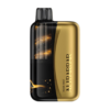 Gold and black disposable vape device with a transparent liquid chamber visible on the side panel.