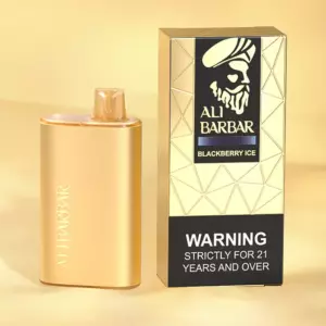Rich 8000 - Gold Perfume Bottle Next to a Gold Geometric-patterned Box Labeled 'ali Barbar' with 'blackberry Ice'; Box Includes a 'warning: 21+ Only' Message. - Iget Vapes Shop Oz