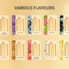 Row of perfume bottles labeled with fruit flavours under 'Various Flavours' on a gold background.