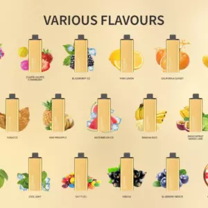 Pandora 7000 - Collection of Yellow Vape Devices with Colorful Fruit Illustrations and Flavor Names on a Beige Gradient Background, Titled 'various Flavours'. - Iget Vapes Shop Oz