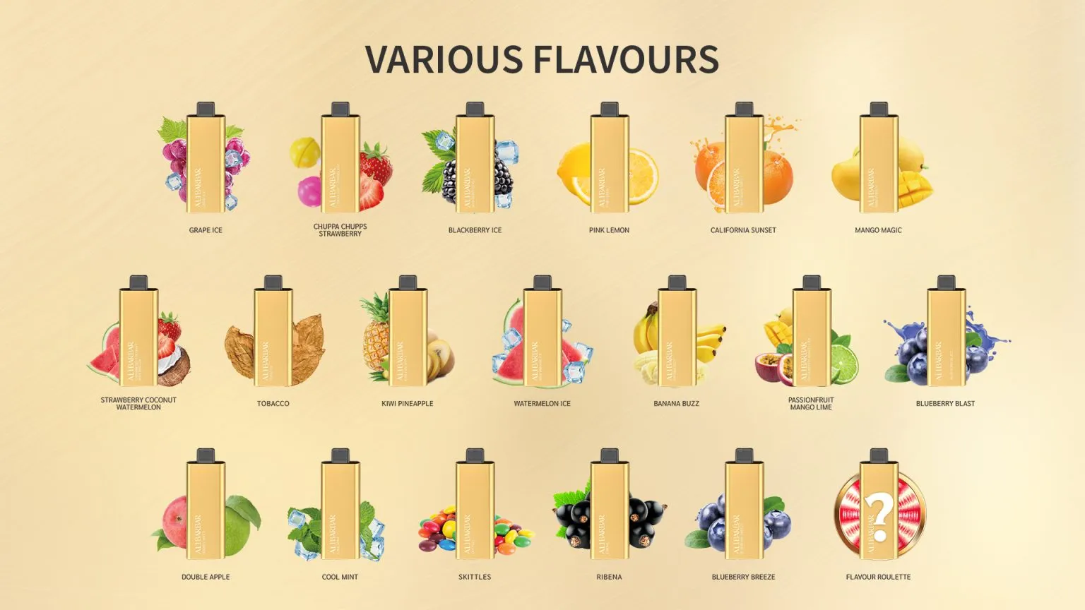 Pandora 7000 Iget Vapes Shop Oz Shopalibarbarvape81webp Iget Vapes Shop Oz Pandora 7000 - Collection of Yellow Vape Devices with Colorful Fruit Illustrations and Flavor Names on a Beige Gradient Background, Titled 'various Flavours'. - Iget Vapes Shop Oz