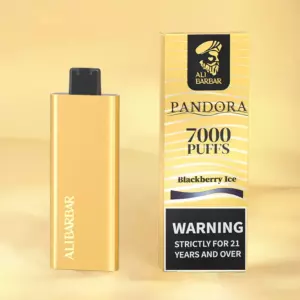 Pandora 7000 - Gold Disposable Vape Pen Standing Beside Yellow Pandora Packaging That Reads '7000 Puffs' and 'blackberry Ice' with a 21+ Warning Box at the Bottom - Iget Vapes Shop Oz
