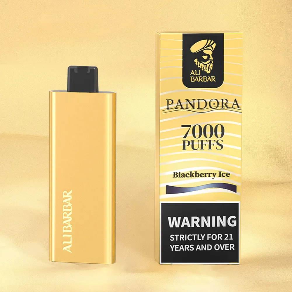 Pandora 7000 Iget Vapes Shop Oz Shopalibarbarvape82webp Iget Vapes Shop Oz Pandora 7000 - Gold Disposable Vape Pen Standing Beside Yellow Pandora Packaging That Reads '7000 Puffs' and 'blackberry Ice' with a 21+ Warning Box at the Bottom - Iget Vapes Shop Oz
