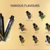 Gold gradient ad: four black vaping pens on the left, and a grid of fruit-flavor icons on the right with labels like Double Apple, Mint, Grape, Watermelon, Melon, Strawberry Kiwi, Blueberry Lace, Mango, Pineapple, Blackberry, Lemon Lime.