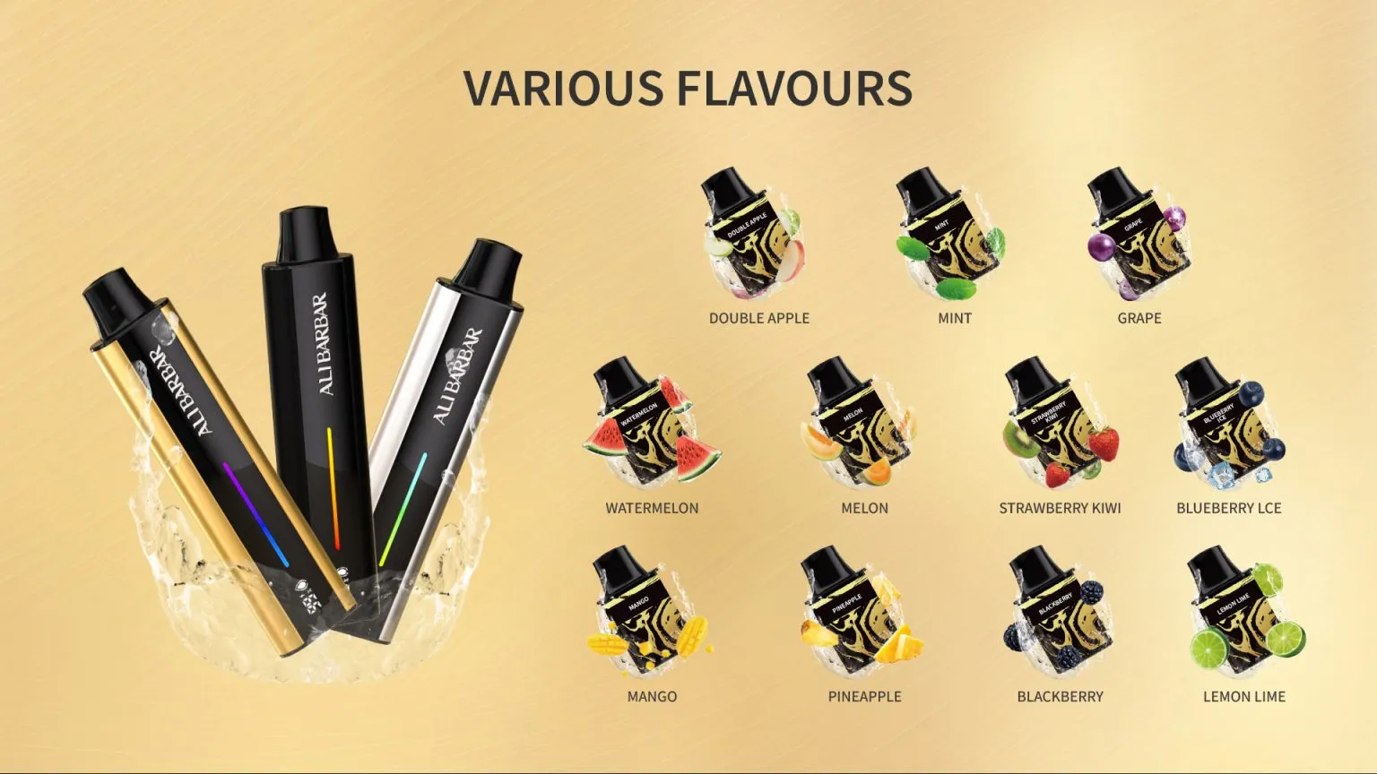 Order Alibarbar Flare Now Iget Vapes Shop Oz Shopalibarbarvape84webp Iget Vapes Shop Oz Alibarbar Flare - Gold Gradient Ad: Four Black Vaping Pens on the Left, and a Grid of Fruit-flavor Icons on the Right with Labels Like Double Apple, Mint, Grape, Watermelon, Melon, Strawberry Kiwi, Blueberry Lace, Mango, Pineapple, Blackberry, Lemon Lime. - Iget Vapes Shop Oz