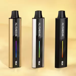 Alibarbar Flare - Three Upright Vape Pens in Gold, Silver, and Black Finishes on a Gold Background, Each with a Vertical Color Gradient Indicator and the Brand Name Visible. - Iget Vapes Shop Oz