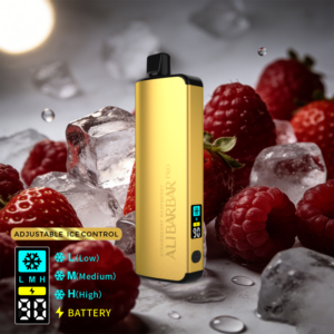 Gold vape device labeled 'ALBAR PRO' standing among raspberries and ice, with an adjustable ice control panel visible on the side.