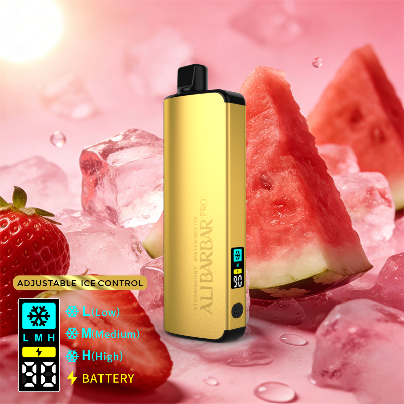Alibarbar Pro 12000 Ice Adjust Strawberry Watermelon Iget Vapes Shop Oz Strawberrywatermelonpng Iget Vapes Shop Oz Alibarbar Pro 12000 Ice Adjust Strawberry Watermelon - Gold Vape Mod with Adjustable Ice Control and Battery Indicator, Placed Among Ice and Watermelon Slices in a Pink Background. - Iget Vapes Shop Oz