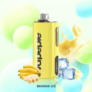 Vapepie Max 40000 Puffs – Banana Ice - Yellow Vape Mod with the Banana Lce Flavor, Surrounded by Bananas, Ice Cubes and a Colorful Splash Background. - Iget Vapes Shop Oz