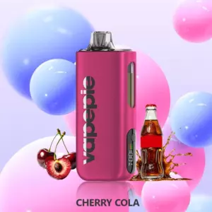 Vapepie Max 40000 Puffs – Cherry Cola - Pink Vape Device with a Vertical Display and 'vape' Branding, Cherry Cola Flavor, Surrounded by Cherries and a Cola Bottle Splash Against Pastel Balloons. - Iget Vapes Shop Oz