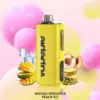 Vapepie Max 40000 Puffs – Lemon Lime - Yellow Vape Device with Side Display, Surrounded by Mango, Pineapple, and Peach Slices for the Mango Pineapple Peach Ice Flavor Set Against a Pastel Background with Balloons. - Iget Vapes Shop Oz