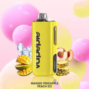 Vapepie Max 40000 Puffs – Mango Pineapple Peach Ice - Yellow Vape Device with Side Display, Surrounded by Mango, Pineapple, and Peach Slices for the Mango Pineapple Peach Ice Flavor Set Against a Pastel Background with Balloons. - Iget Vapes Shop Oz