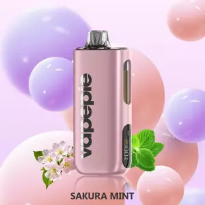 Vapepie Max 40000 Puffs – Sakura Mint - Pink Vape Mod with Vertical 'vape' Logo and Side Display Against a Pastel Background of Balloons, Blossoms, and Mint Leaves; Caption Reads 'sakura Mint'. - Iget Vapes Shop Oz