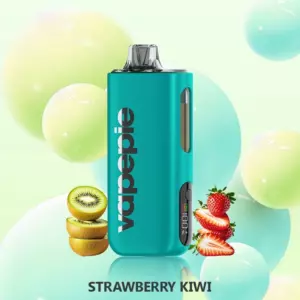 Vapepie Max 40000 Puffs –  Strawberry Kiwi - Teal Vape Device with a Clear Pod and Side Display, Branded with 'vape', Surrounded by Kiwi Slices and Strawberries Advertising the 'strawberry Kiwi' Flavor. - Iget Vapes Shop Oz