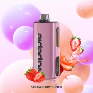 Vapepie Max 40000 Puffs – Strawberry Punch - Pink Vape Mod with a Vertical Brand Name, Surrounded by Strawberries and Pink Bubbles, Flavor Strawberry Punch (e‑cigarette Product). - Iget Vapes Shop Oz