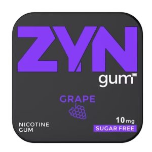 ZYN nicotine gum packaging in dark gray with a bold purple ZYN logo; grape flavor, 10 mg nicotine, sugar-free.