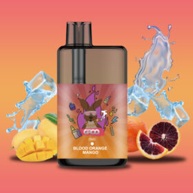 Groo Max – Blood Orange Mango - Vape Juice Bottle Labeled Blood Orange Mango with a Cartoon Dog on the Label, Set Against an Orange Gradient with Mango and Blood Orange Slices and Splash Effects in the Background. - Iget Vapes Shop Oz