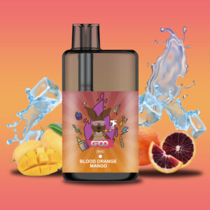 Groo Max – Blood Orange Mango - Vape Juice Bottle Labeled Blood Orange Mango with a Cartoon Dog on the Label, Set Against an Orange Gradient with Mango and Blood Orange Slices and Splash Effects in the Background. - Iget Vapes Shop Oz