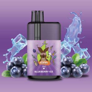 Groo Max – Blueberry Ice - E-liquid Bottle Labeled Blueberry Ice with a Purple Label and Cartoon Mascot, Surrounded by Blueberries and Splashes of Icy Water. - Iget Vapes Shop Oz