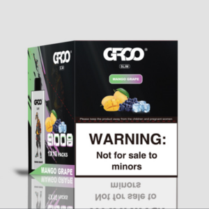 Groo Slim-mango Grape–10 Pack Bulk - Packaging for Groo Slim Mango Grape Vape Kit Featuring Tropical Fruit Imagery and a Prominent Warning: 'warning: Not for Sale to Minors' - Iget Vapes Shop Oz