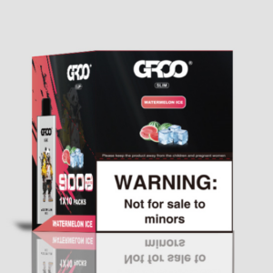 Groo Slim-watermelon Ice–10 Pack Bulk - Front of Groo Slim Watermelon Ice Vape Juice Box with a Small Bottle Beside It and a Prominent 'warning: Not for Sale to Minors' Label. - Iget Vapes Shop Oz
