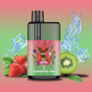 Groo Max – Strawberry Kiwi - E-liquid Bottle with a Pink‑green Gradient Label Featuring a Cartoon Dog, Labeled Strawberry Kiwi, Surrounded by Strawberries, Kiwi, and Ice Cubes. - Iget Vapes Shop Oz