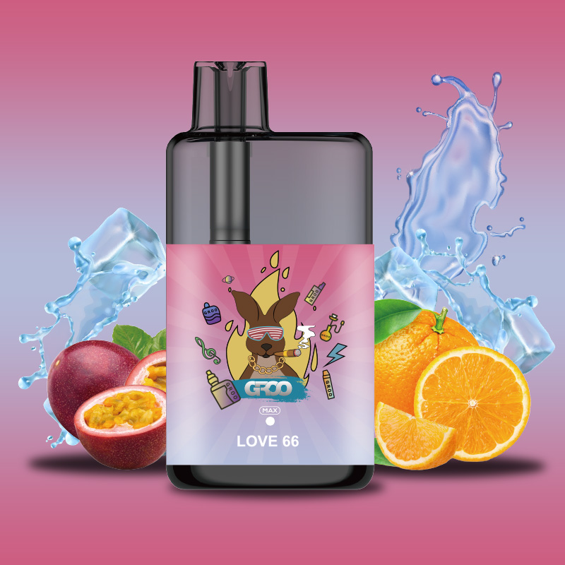 Groo Max Love 66 Iget Vapes Shop Oz 20jpg Iget Vapes Shop Oz Groo Max – Love 66 - Bottle with Pink Label Featuring a Cartoon Dog and 'love 66', Surrounded by Ice and Citrus Fruits Like Orange and Passion Fruit. - Iget Vapes Shop Oz