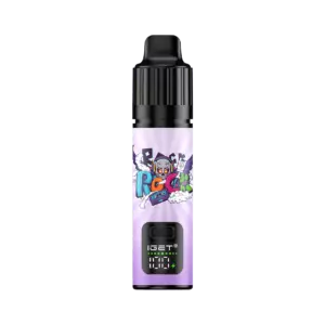Iget Bar Plus S3 Kit – Grape Ice - E-liquid Vape Bottle with a Purple Label Featuring Cartoon Artwork and a Black Cap Against a Black and Lavender Background. - Iget Vapes Shop Oz
