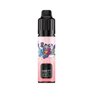 Iget Bar Plus S3 Kit Peach Ice - Pink Vape Device with a Cartoon Label and a Digital Display on the Pod, Centered on a Pink Background with Black Surrounding Area. - Iget Vapes Shop Oz