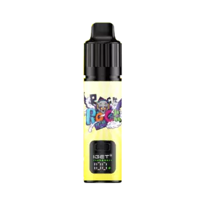Iget Bar Plus S3 Kit Lemonade Monster - Yellow-labeled Vape Pen with a Black Mouthpiece, Colorful Cartoon Graphics, and a Small Digital Display Showing 1.00 (iget Branding). - Iget Vapes Shop Oz