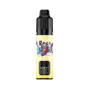 Iget Bar Plus S3 Kit Mango Monster - Yellow-labeled Vape Juice Bottle with a Black Cap and Cartoon Robot Artwork on the Label, Shown Alongside a Small Black Device Below. - Iget Vapes Shop Oz