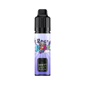Iget Bar Plus S3 Kit  Passion Fruit Blueberry Raspberry - Vape Pen with Black Mouthpiece and a Purple Label Featuring a Cartoon Character, Plus a Small Digital Display Showing '100' Against a Light Purple Background. - Iget Vapes Shop Oz