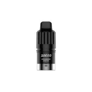Vape pod cartridge with black finish and silver base showing flavor label: Strawberry Kiwi Ice, 1000 puffs.