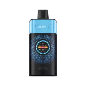 Blue and black vape pod with digital display and glowing circular pattern on front panel, brand IGET visible on blue band at top