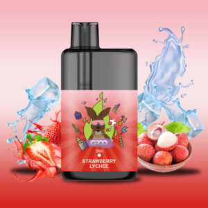 Groo Max – Strawberry Lychee - Bottle of Strawberry-lychee Beverage with a Playful Cartoon Label, Framed by Strawberries and Lychees with Ice Splashes on a Pink Gradient Background. - Iget Vapes Shop Oz